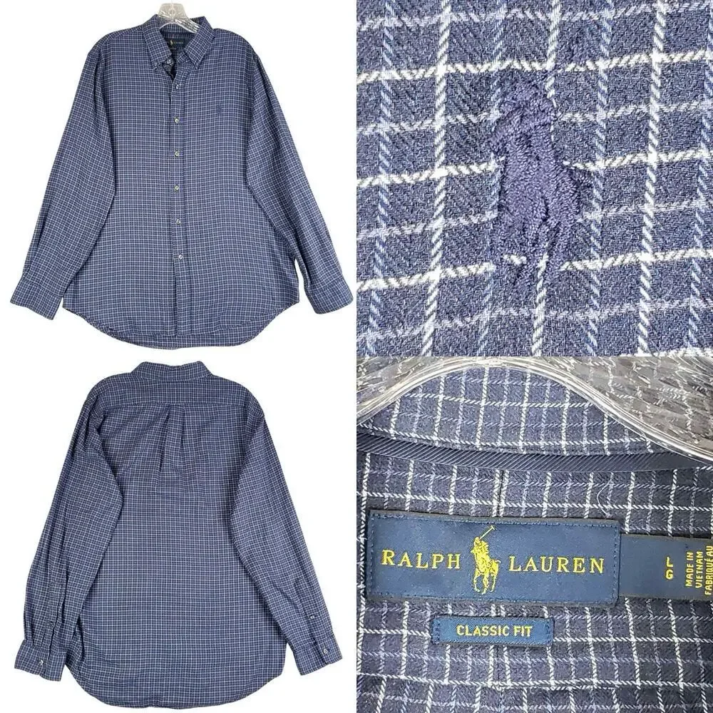 Polo Ralph Lauren Shirt Oxford Button Down Mens Size Large LS Navy Blue Plaid